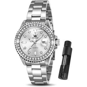 Luxury  Silver Dail Stainless Steel Waterproof Ladies Wrist  Watch with Date
